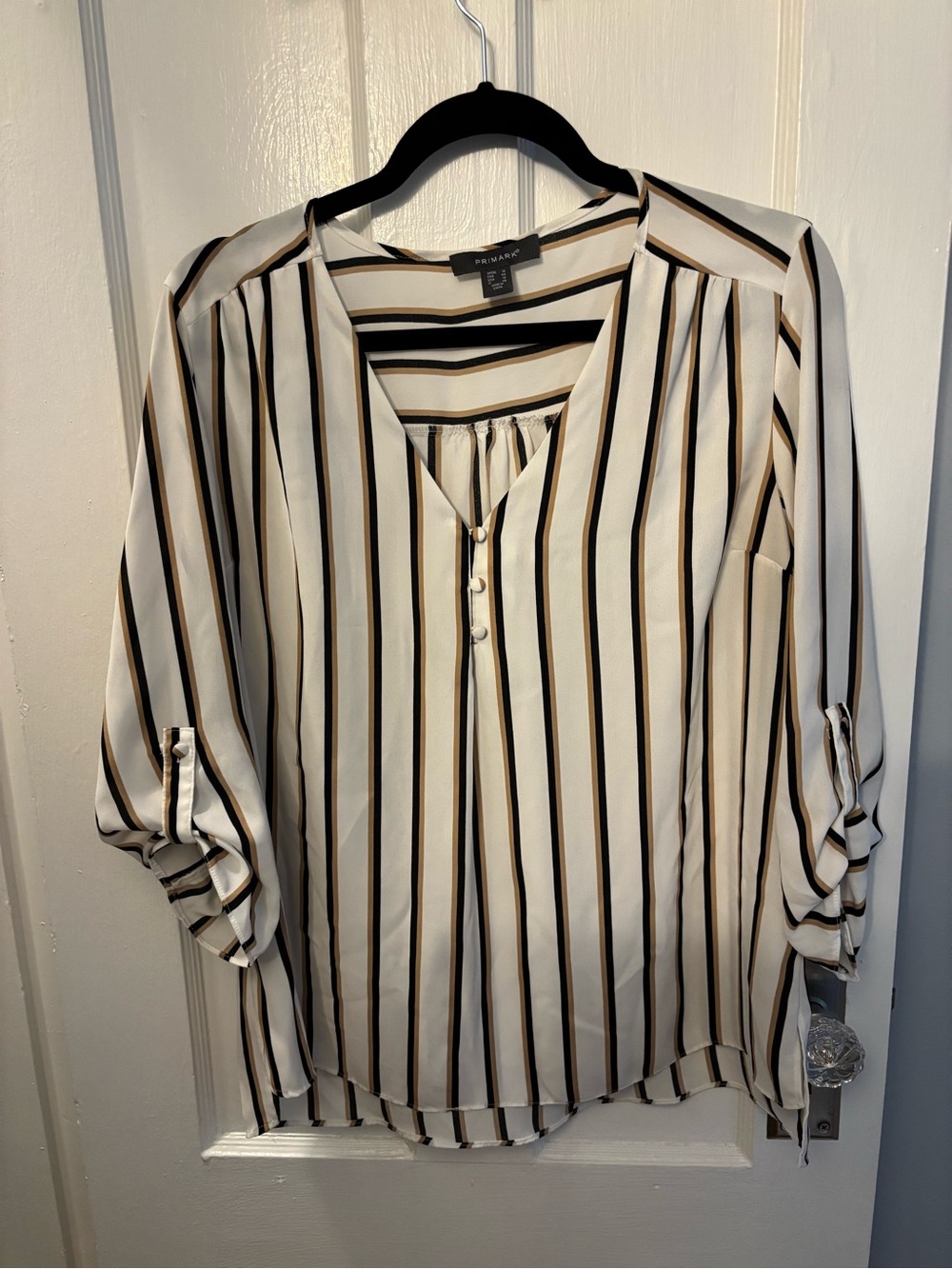 Primark Striped V-Neck Blouse in White, Black & Tan